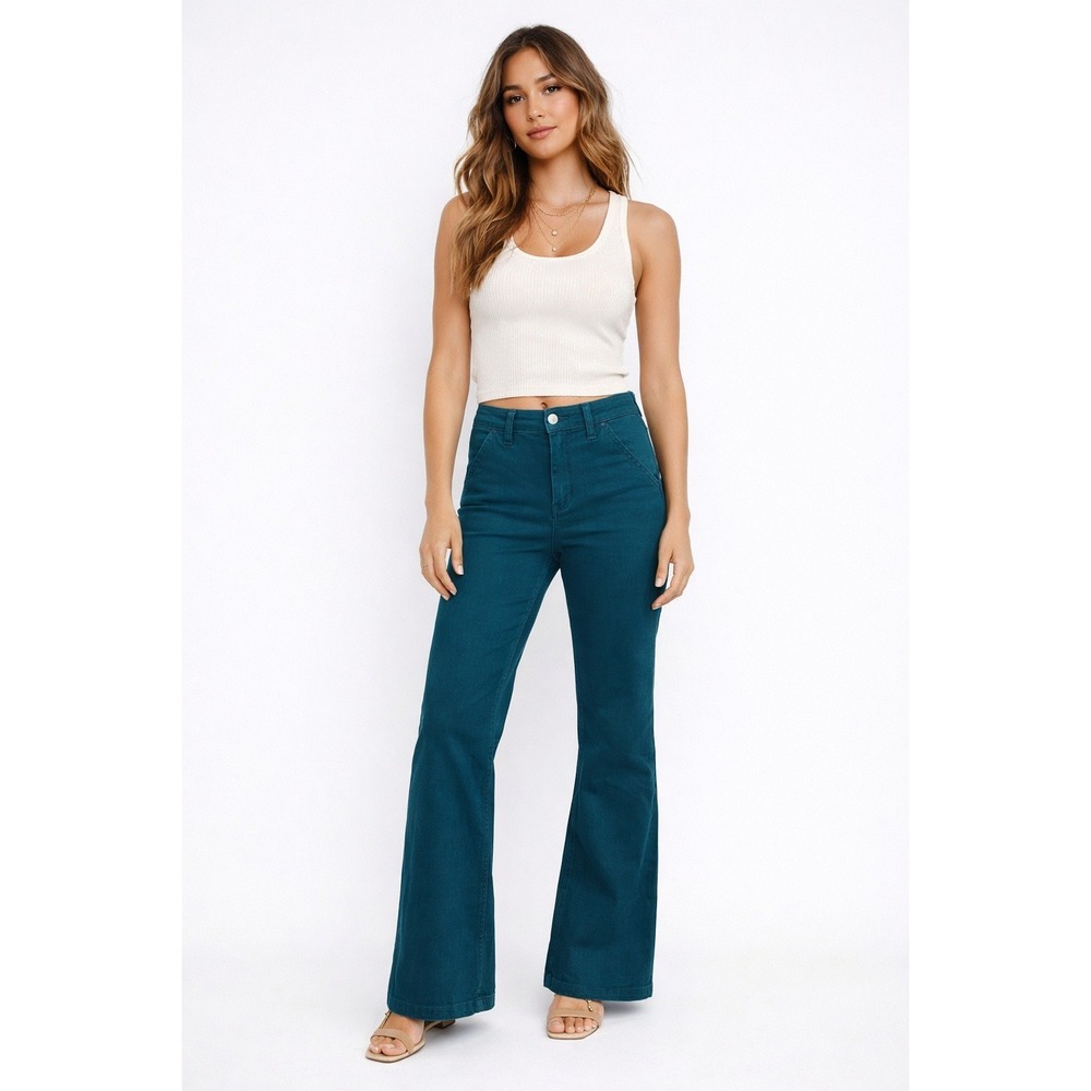 Daze Denim The Flirt Mid Rise Flare Pant Blue Teal Size 28 6 NEW